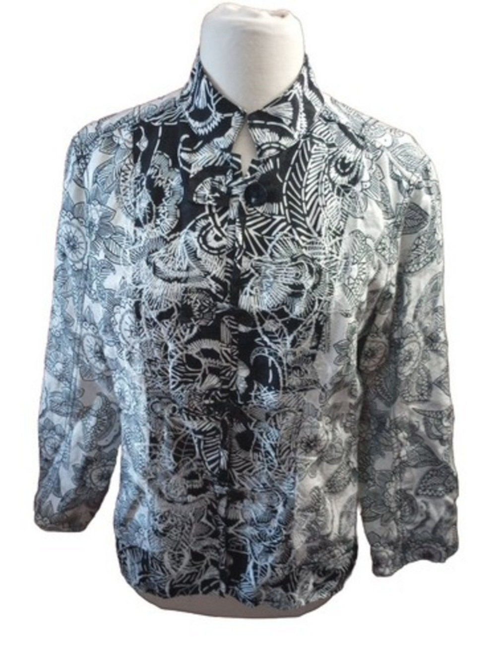 Chico's Silk Blazer Sz 1 Shiny Silver Black 3/4 Sleave Asian Embroidered Jacket‎